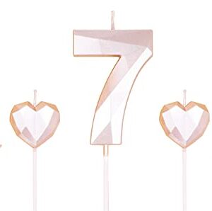 Rose Gold Number 7 Candles and Star Heart Candles 2.76 inch Number Candles for Birthday Cakes 3D Diamond Shaped for Cake Decorations(Rose Gold Candle 7)