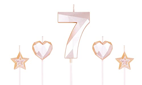 Rose Gold Number 7 Candles and Star Heart Candles 2.76 inch Number Candles for Birthday Cakes 3D Diamond Shaped for Cake Decorations(Rose Gold Candle 7)