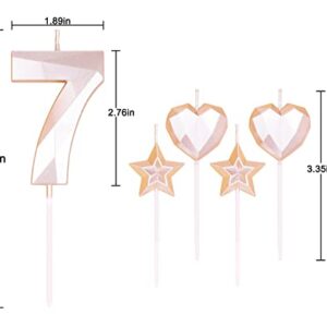 Rose Gold Number 7 Candles and Star Heart Candles 2.76 inch Number Candles for Birthday Cakes 3D Diamond Shaped for Cake Decorations(Rose Gold Candle 7)