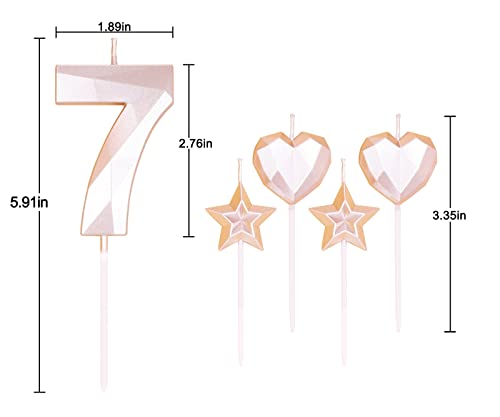 Rose Gold Number 7 Candles and Star Heart Candles 2.76 inch Number Candles for Birthday Cakes 3D Diamond Shaped for Cake Decorations(Rose Gold Candle 7)