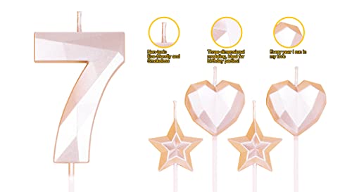 Rose Gold Number 7 Candles and Star Heart Candles 2.76 inch Number Candles for Birthday Cakes 3D Diamond Shaped for Cake Decorations(Rose Gold Candle 7)