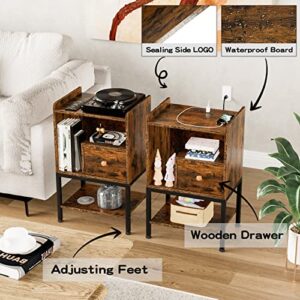 Gannyfer Nightstand with Charging Station, Night Stand with USB Ports and Storage Drawer, Modern 3-Tier End Side Table, Small Wood Bedside Table for Bedroom,Living Room,Rustic Brown