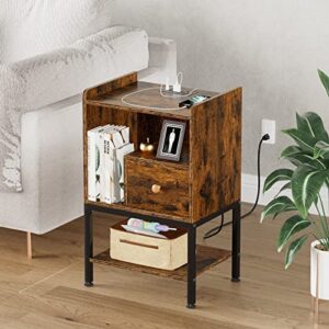 Gannyfer Nightstand with Charging Station, Night Stand with USB Ports and Storage Drawer, Modern 3-Tier End Side Table, Small Wood Bedside Table for Bedroom,Living Room,Rustic Brown