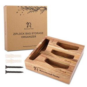 retrieved tools ziplock bag storage organizer - acacia wood food bags container for kitchen drawer - compatible with ziplock brands. baggie dispenser - holder for gallon, quart, sandwich and snack