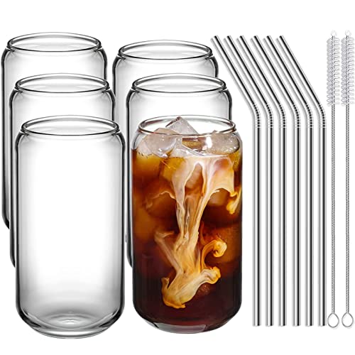 Can Shaped Glass Cups 6pc Set,16 oz Beer Can Glass, Drinking Glasses with Straws and Silicone Sleeves for Iced Coffee, Iced Tea, Cocktail, Whiskey, Wine, Soda, Water, with 2 Cleaning Brushes