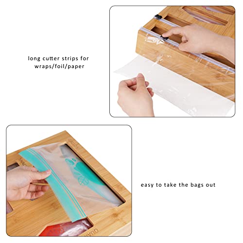 Space.M8 Bamboo Ziplock Bag Storage Organizer, Foil and Plastic Wrap Dispenser with Cutter, for Gallon Quart Sandwich Snack Pint Variety Size Bag & 12” Roll, Suitable for Quart Slider Bag