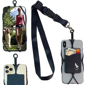 gecko travel tech cell phone lanyard, universal neck phone holder & silicone card pocket with adjustable neck strap (black neck - black pocket)