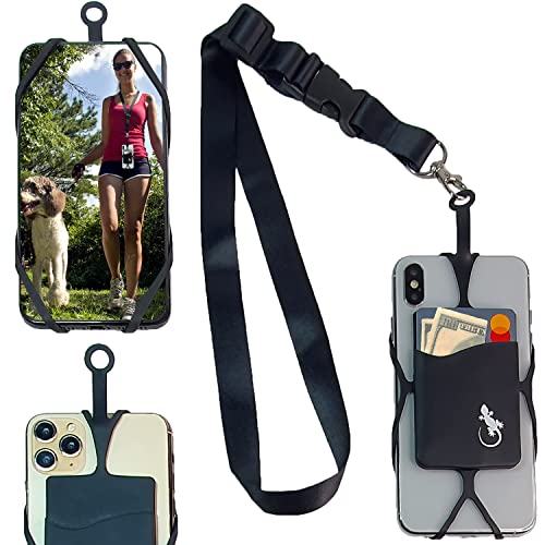 Gecko Travel Tech Cell Phone Lanyard, Universal Neck Phone Holder & Silicone Card Pocket with Adjustable Neck Strap (Black Neck - Black Pocket)