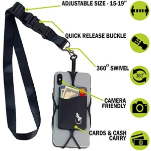 Gecko Travel Tech Cell Phone Lanyard, Universal Neck Phone Holder & Silicone Card Pocket with Adjustable Neck Strap (Black Neck - Black Pocket)