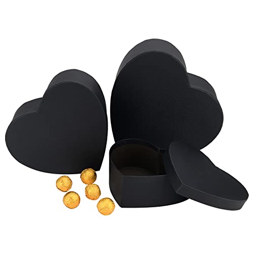 BENECREAT 3 Set Heart Shape Present Boxes, Black Decorative Gifting Box, Nesting Stacking Gift Packaging Box for Souvenirs, Wedding, Candy Cookies Choclates