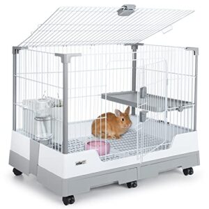 oiibo small animal cage for rabbit,32" × 21" × 26" inch foldable rabbit cage hutch with pull out tray and caster platform for ferret chinchilla