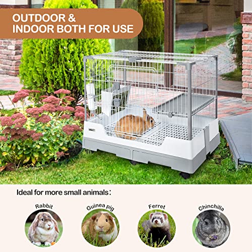 OIIBO Small Animal Cage for Rabbit,32" × 21" × 26" inch Foldable Rabbit Cage Hutch with Pull Out Tray and Caster Platform for Ferret Chinchilla