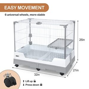 OIIBO Small Animal Cage for Rabbit,32" × 21" × 26" inch Foldable Rabbit Cage Hutch with Pull Out Tray and Caster Platform for Ferret Chinchilla