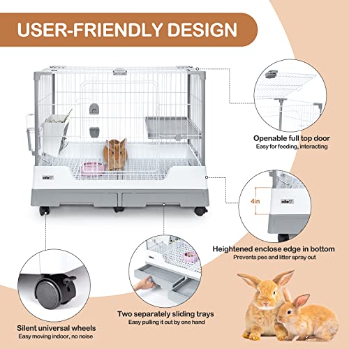 OIIBO Small Animal Cage for Rabbit,32" × 21" × 26" inch Foldable Rabbit Cage Hutch with Pull Out Tray and Caster Platform for Ferret Chinchilla