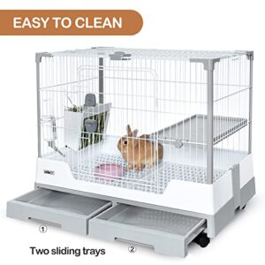 OIIBO Small Animal Cage for Rabbit,32" × 21" × 26" inch Foldable Rabbit Cage Hutch with Pull Out Tray and Caster Platform for Ferret Chinchilla