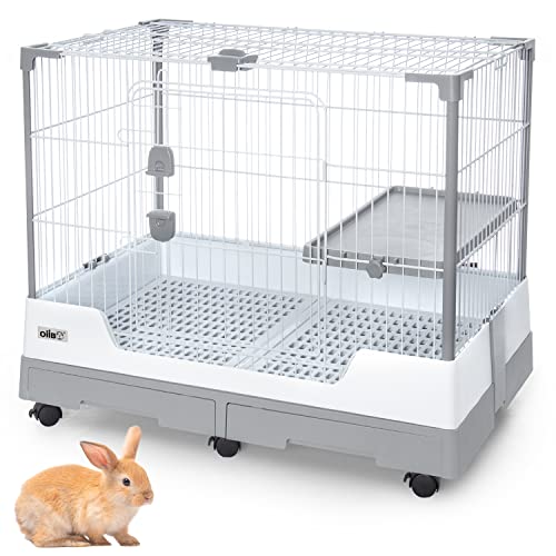 OIIBO Small Animal Cage for Rabbit,32" × 21" × 26" inch Foldable Rabbit Cage Hutch with Pull Out Tray and Caster Platform for Ferret Chinchilla