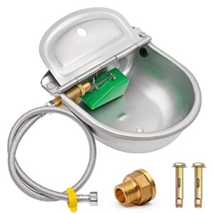 KHEARPSL Automatic Waterer Bowl with Brass Float Valve and Drain Hole, Stainless Steel Dog Livestock Water Bowl with Hose, Connector and Screws