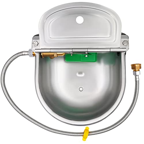 KHEARPSL Automatic Waterer Bowl with Brass Float Valve and Drain Hole, Stainless Steel Dog Livestock Water Bowl with Hose, Connector and Screws