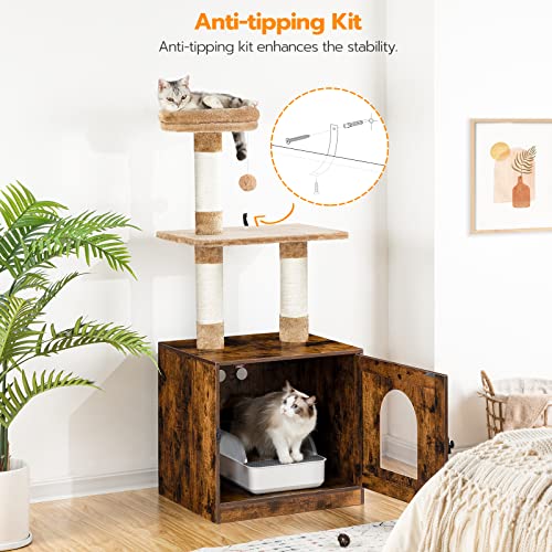 HOOBRO Litter Box Enclosure with Cat Tree Tower, Hidden Cat Washroom with Scratching Post and Soft Plush Perch, Wooden Cat Furniture, Indoor Pet Cabinet with Multiple Platforms, Rustic Brown BF12MW03