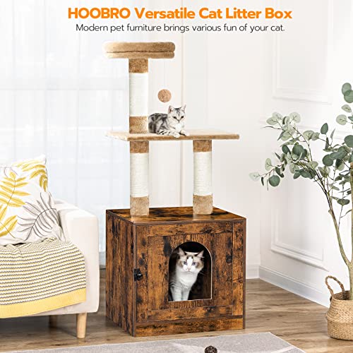 HOOBRO Litter Box Enclosure with Cat Tree Tower, Hidden Cat Washroom with Scratching Post and Soft Plush Perch, Wooden Cat Furniture, Indoor Pet Cabinet with Multiple Platforms, Rustic Brown BF12MW03