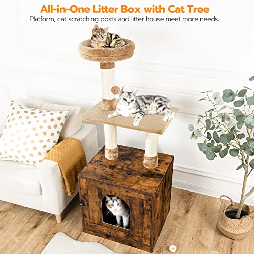 HOOBRO Litter Box Enclosure with Cat Tree Tower, Hidden Cat Washroom with Scratching Post and Soft Plush Perch, Wooden Cat Furniture, Indoor Pet Cabinet with Multiple Platforms, Rustic Brown BF12MW03