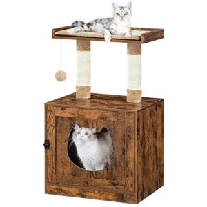 hoobro litter box enclosure with cat tree tower, litter box furniture hidden with cute entrance, private washroom with sisal scratching posts, cat head door and large platform, rustic brown bf11mw03
