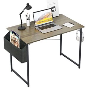 sogeshome 39.37 inches computer desk laptop table home office workstation gaming desk writing table with side storage box, earphone rack, teak