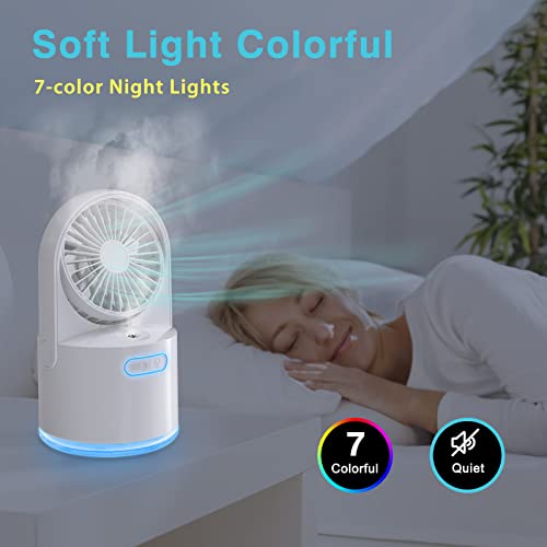 Desk Misting Fan Personal Table Fan with 300ML Large Water Tank Portable Misting Fan with 3 Speed Strong Wind USB Rechargeable Cooling Mister Fan 7 Colorful Nightlights for Home, Office, Outdoor