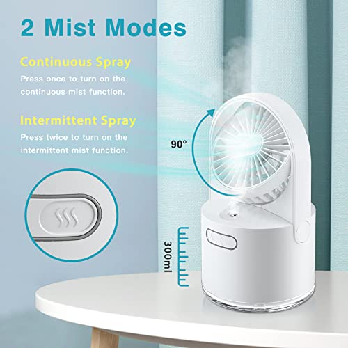 Desk Misting Fan Personal Table Fan with 300ML Large Water Tank Portable Misting Fan with 3 Speed Strong Wind USB Rechargeable Cooling Mister Fan 7 Colorful Nightlights for Home, Office, Outdoor