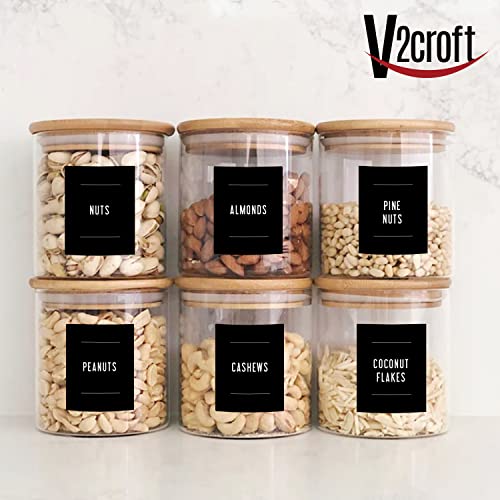 v2croft 180 Pantry Labels for Containers, Minimalist Farmhouse Style, Black Matte Stickers White Fine Line Text, Waterproof Organization Labels for Jars, Bottles & Canisters Organization Storage