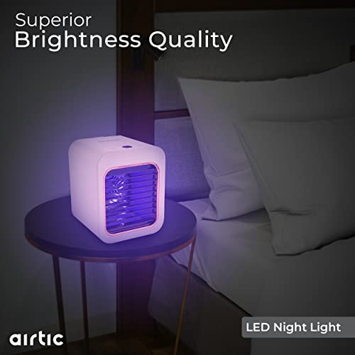 Airtic Mini Portable Air Cooling Fan, Personal Cooler, 3 Wind Speeds 2 Evaporative LED Light, Rechargeable Battery 4-16H, Small Fan for Office Desk Camping Tent Bed, White, 5.1 x 5.7 6.3