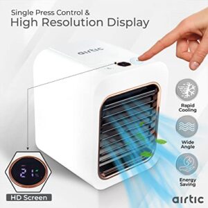 Airtic Mini Portable Air Cooling Fan, Personal Cooler, 3 Wind Speeds 2 Evaporative LED Light, Rechargeable Battery 4-16H, Small Fan for Office Desk Camping Tent Bed, White, 5.1 x 5.7 6.3