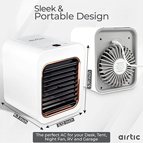 Airtic Mini Portable Air Cooling Fan, Personal Cooler, 3 Wind Speeds 2 Evaporative LED Light, Rechargeable Battery 4-16H, Small Fan for Office Desk Camping Tent Bed, White, 5.1 x 5.7 6.3