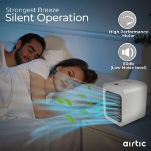 Airtic Mini Portable Air Cooling Fan, Personal Cooler, 3 Wind Speeds 2 Evaporative LED Light, Rechargeable Battery 4-16H, Small Fan for Office Desk Camping Tent Bed, White, 5.1 x 5.7 6.3