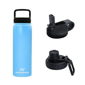 nephewbrand sport water bottle – 21 oz wide mouth insulated vacuum with 3 lids - leak proof, bpa free - sky-blue