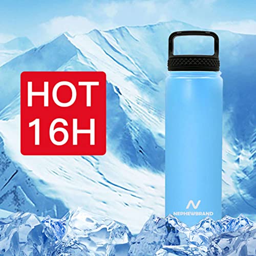 NEPHEWBRAND Sport Water Bottle – 21 Oz Wide Mouth Insulated Vacuum with 3 Lids - Leak Proof, BPA Free - Sky-Blue