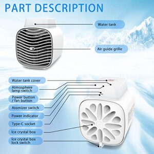 Portable Air Conditioners Fan, 2022 Newest Evaporative Air Cooler with Ice Trays Blue Atmosphere Light, USB Rechargeable Personal Air Conditioner Desktop Cooling Humidifier Fan for Room, Office, Desk, Nightst, Camping