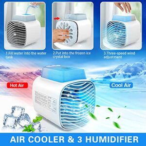 Portable Air Conditioners Fan, 2022 Newest Evaporative Air Cooler with Ice Trays Blue Atmosphere Light, USB Rechargeable Personal Air Conditioner Desktop Cooling Humidifier Fan for Room, Office, Desk, Nightst, Camping