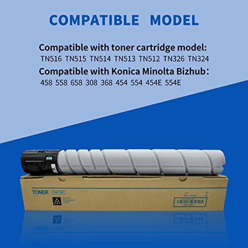 EXMIATOV TN516 Toner Cartridge,TN516 TN515 TN514 TN513 TN512 TN326 TN324 Black Toner Cartridge Compatible with Konica Minolta Bizhub 458E 558E 658E 308E 368E 454E 554E,Yield 29K Pages-HD Printing