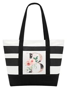 parbee initial canvas tote bag, stripe & floral monogrammed tote bag with pocket top zipper, large beach bags monogram gift for women bridal shower wedding birthday mom teachers, b