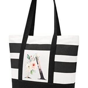 PARBEE Initial Canvas Tote Bag, Stripe & Floral Monogrammed Tote Bag with Pocket Top Zipper, Large Beach Bags Monogram Gift for Women Bridal Shower Wedding Birthday Mom Teachers, B