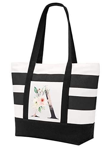 PARBEE Initial Canvas Tote Bag, Stripe & Floral Monogrammed Tote Bag with Pocket Top Zipper, Large Beach Bags Monogram Gift for Women Bridal Shower Wedding Birthday Mom Teachers, B