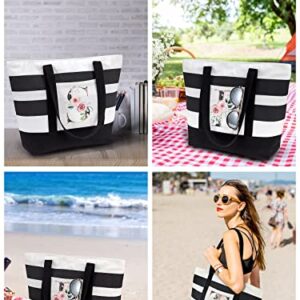 PARBEE Initial Canvas Tote Bag, Stripe & Floral Monogrammed Tote Bag with Pocket Top Zipper, Large Beach Bags Monogram Gift for Women Bridal Shower Wedding Birthday Mom Teachers, B