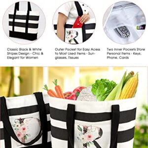 PARBEE Initial Canvas Tote Bag, Stripe & Floral Monogrammed Tote Bag with Pocket Top Zipper, Large Beach Bags Monogram Gift for Women Bridal Shower Wedding Birthday Mom Teachers, B