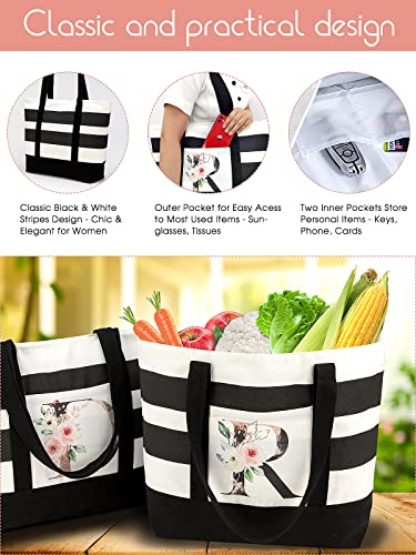 PARBEE Initial Canvas Tote Bag, Stripe & Floral Monogrammed Tote Bag with Pocket Top Zipper, Large Beach Bags Monogram Gift for Women Bridal Shower Wedding Birthday Mom Teachers, B