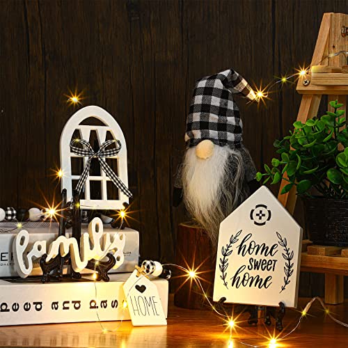 10 Pcs Farmhouse Tiered Tray Decor Farmhouse Kitchen Deocr Gnome Tiered Tray Decor Wood Home Decor with String Lights Mini Rustic Table Ornaments Decor Beaded Garland for Kitchen Shelf (Classic Style)