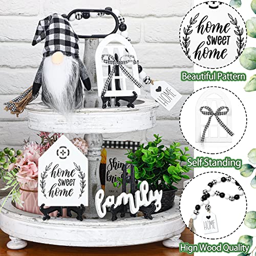 10 Pcs Farmhouse Tiered Tray Decor Farmhouse Kitchen Deocr Gnome Tiered Tray Decor Wood Home Decor with String Lights Mini Rustic Table Ornaments Decor Beaded Garland for Kitchen Shelf (Classic Style)