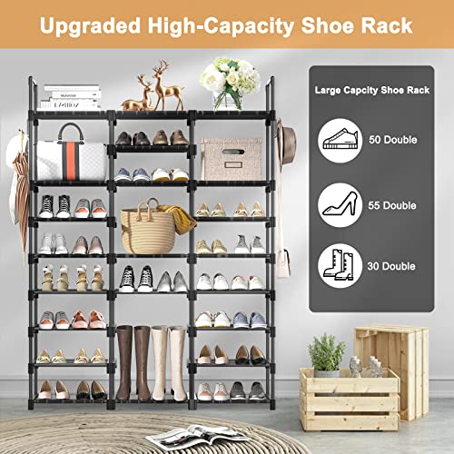 AILIXI 9 Tiers Shoe Rack Shoe Organizer, Metal Shoe Rack for Entryway, Large 50-55 Pairs Shoe Storage with Hooks, Multifunctional Shoe Organizer for Closet for Bedroom Cloakroom Hallway Garage