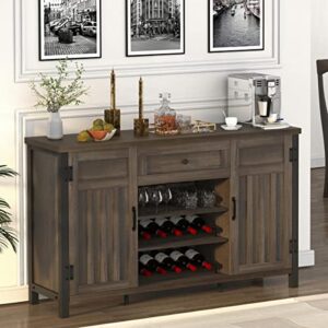 fatorri industrial coffee bar cabinet with wine rack, wood buffet and sideboard with storage cabinet, rustic credenza cupboard for kitchen dining room (55.12 inch, walnut brown)
