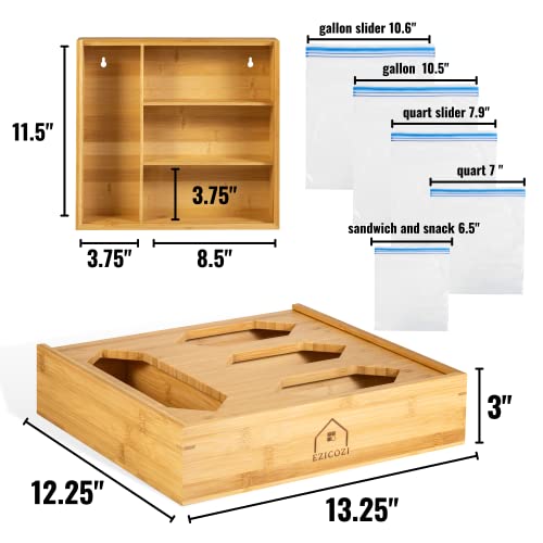 EZICOZI Durable Storage Solution with Kitchen Drawer Organizer - Durable Bamboo Material, 4 Storage Compartments, For Ziplock Gallon, Snack, Sandwich, and Quart Bags, Complete with Label Stickers